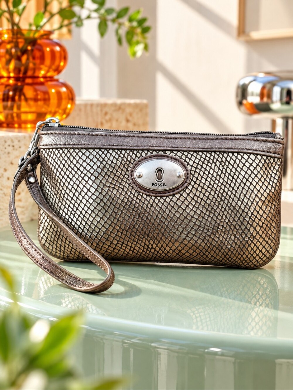 Fossil SL4043 Metallic Snake Embossed Leather Wristlet Wallet